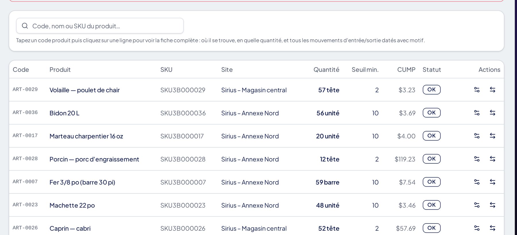 Recherche d'un produit par code ou SKU et traçabilité des mouvements de stock
